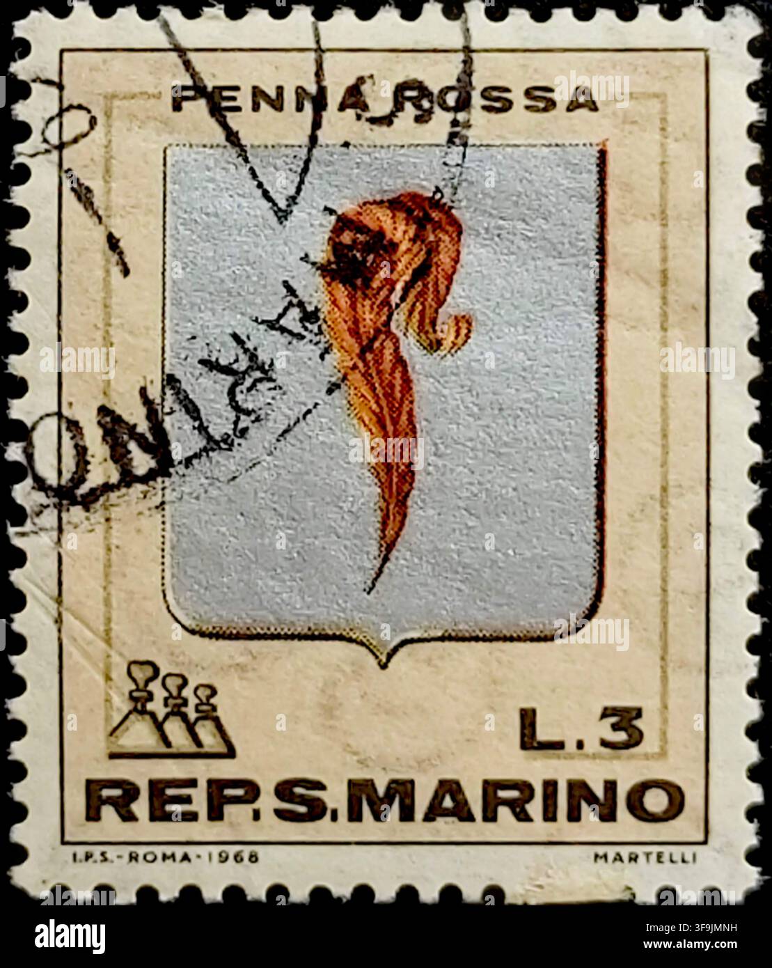Francobollo vintage del 1968 di San Marino, L.3, stemma del distretto di Penna Rossa con carica a forma di corno rosso Foto Stock