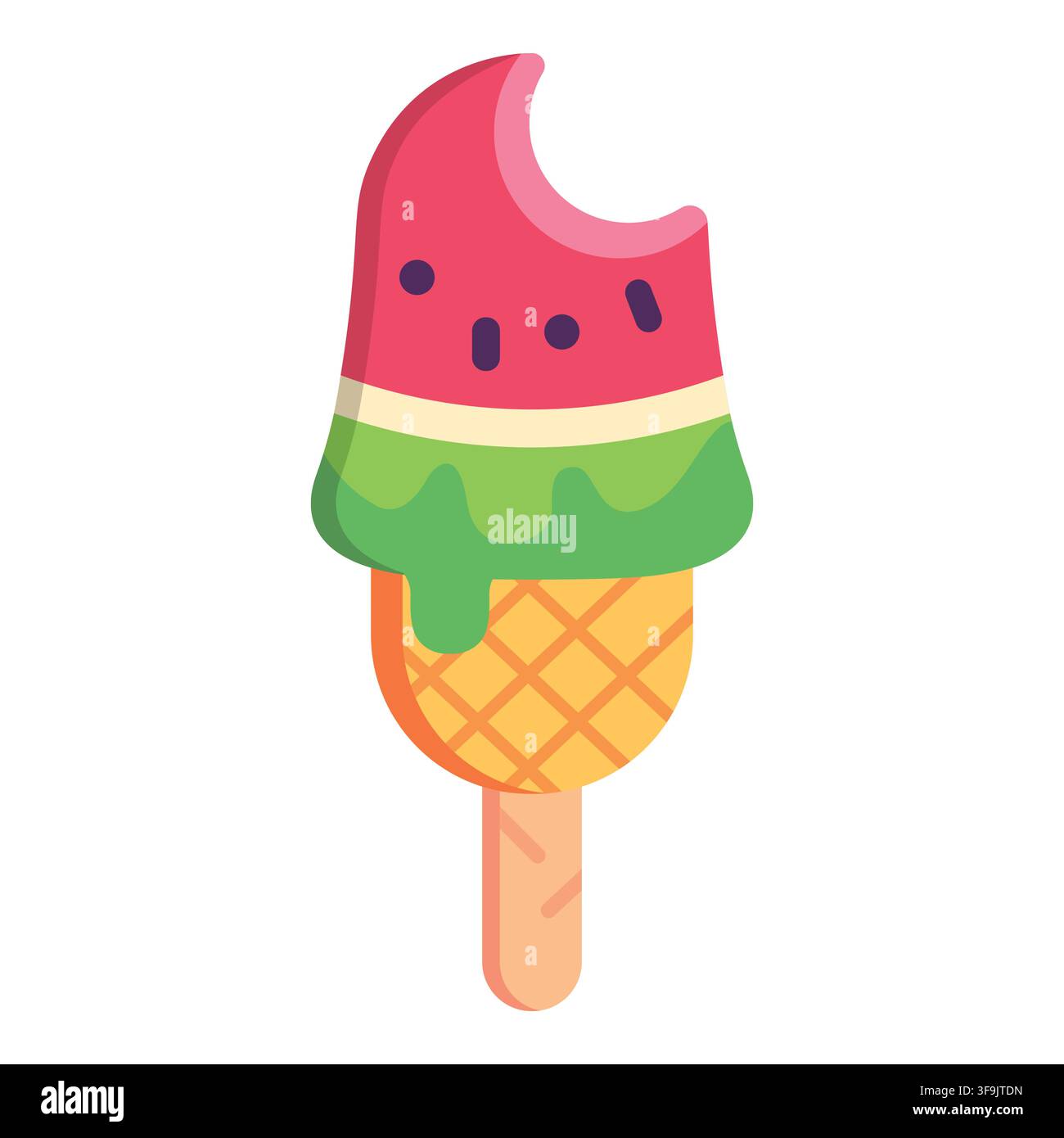 Popsicle di gelato alla anguria su bastoncino con icona di morso per un dolce spuntino di dessert ghiacciato estivo Illustrazione Vettoriale