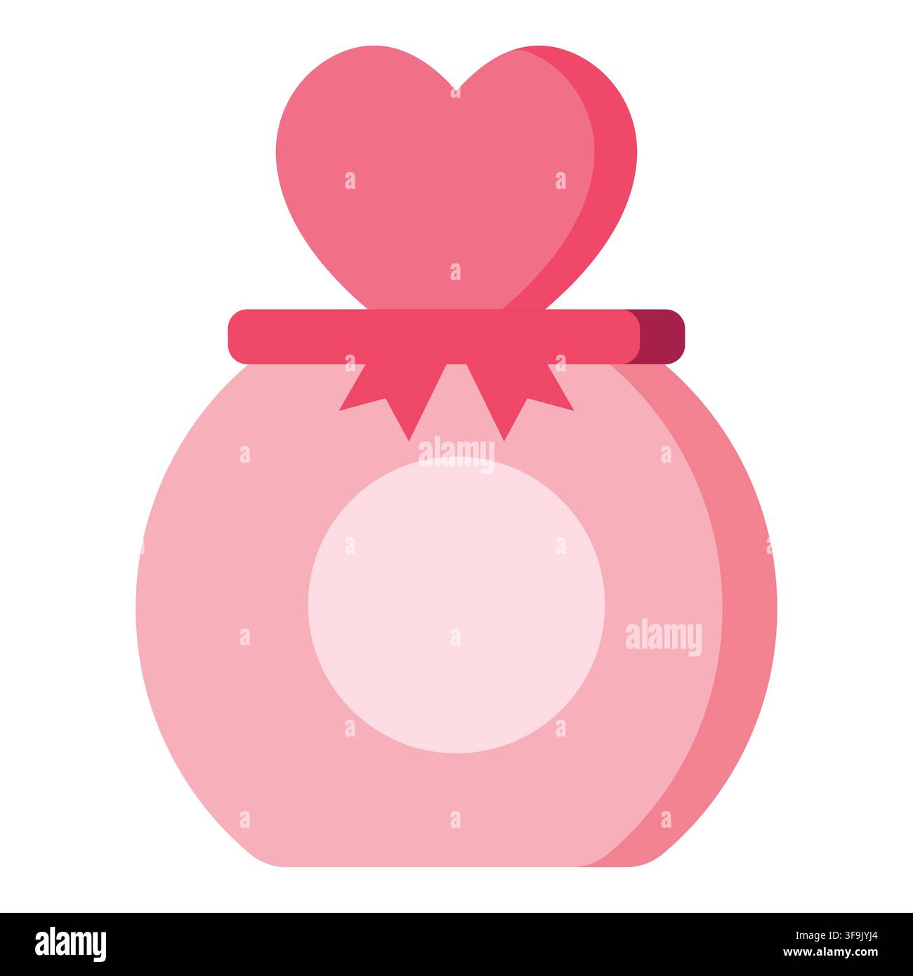 Flacone di profumo rosa con tappo a forma di cuore e icona nastro illustrazione vettoriale isolata su sfondo bianco Illustrazione Vettoriale