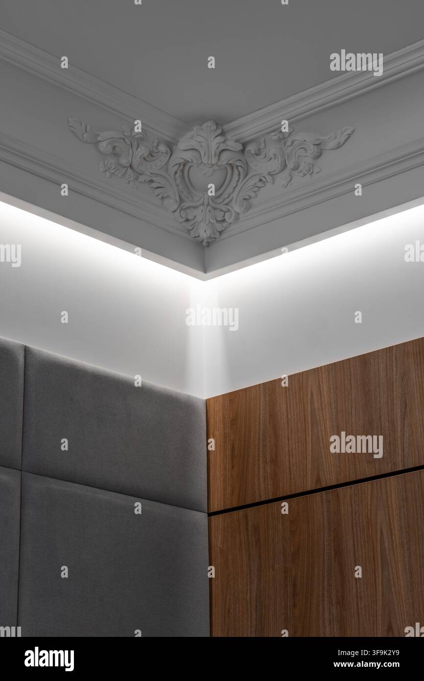 Interno moderno ed elegante con modanature classiche ornate sul soffitto, illuminazione LED indiretta calda, mobili in legno di noce e pannelli murali imbottiti Foto Stock