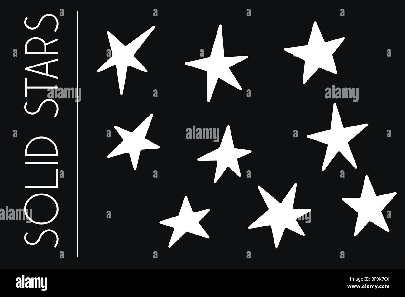 Stelle bianche solide formano una collezione grafica di nove silhouette irregolari su uno sfondo nero per una decorazione celeste moderna e audace Illustrazione Vettoriale