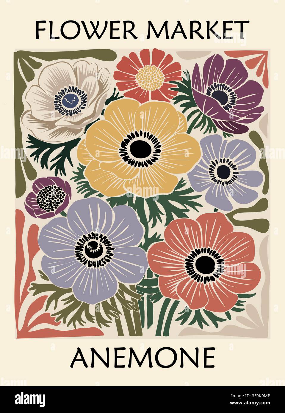 Poster retrò con mercato dei fiori e anemoni vivaci Illustrazione Vettoriale