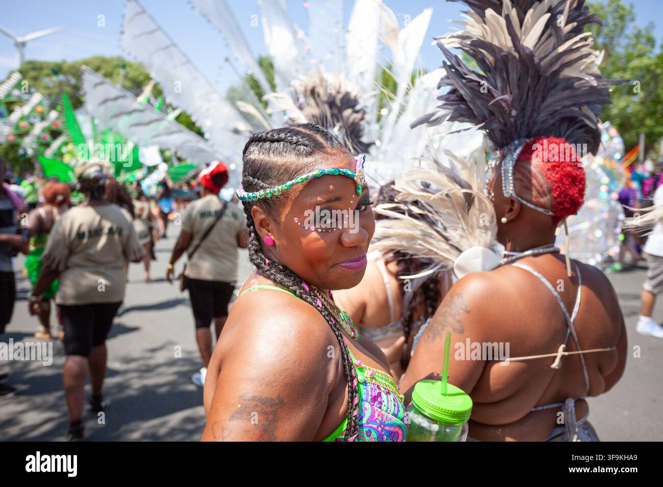 Partecipante al carnevale con trucco facciale e costume piumato durante il Carnevale caraibico di Toronto, Toronto, Canada, 2016. Foto Stock