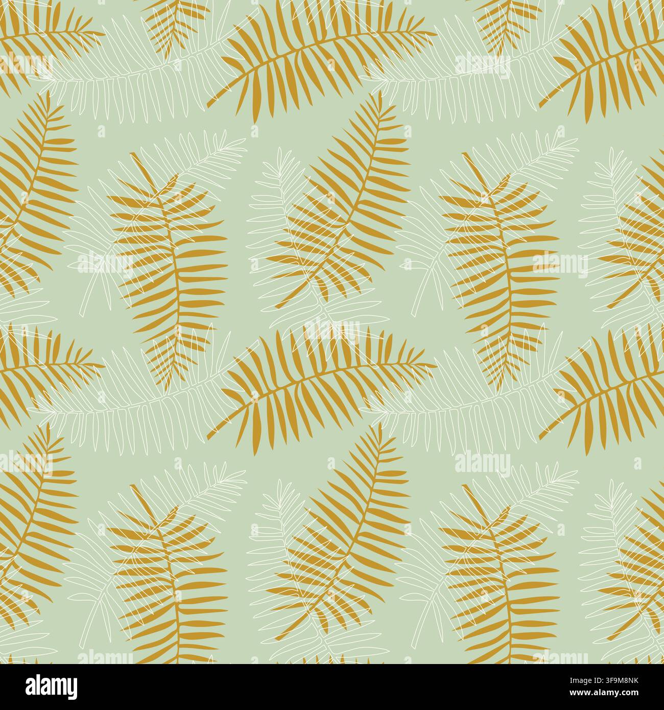 Modello vettoriale tropicale senza cuciture con silhouette di foglie di palma giallo oro e rami lineari bianchi su uno sfondo verde salvia, ideale per carta da parati Illustrazione Vettoriale