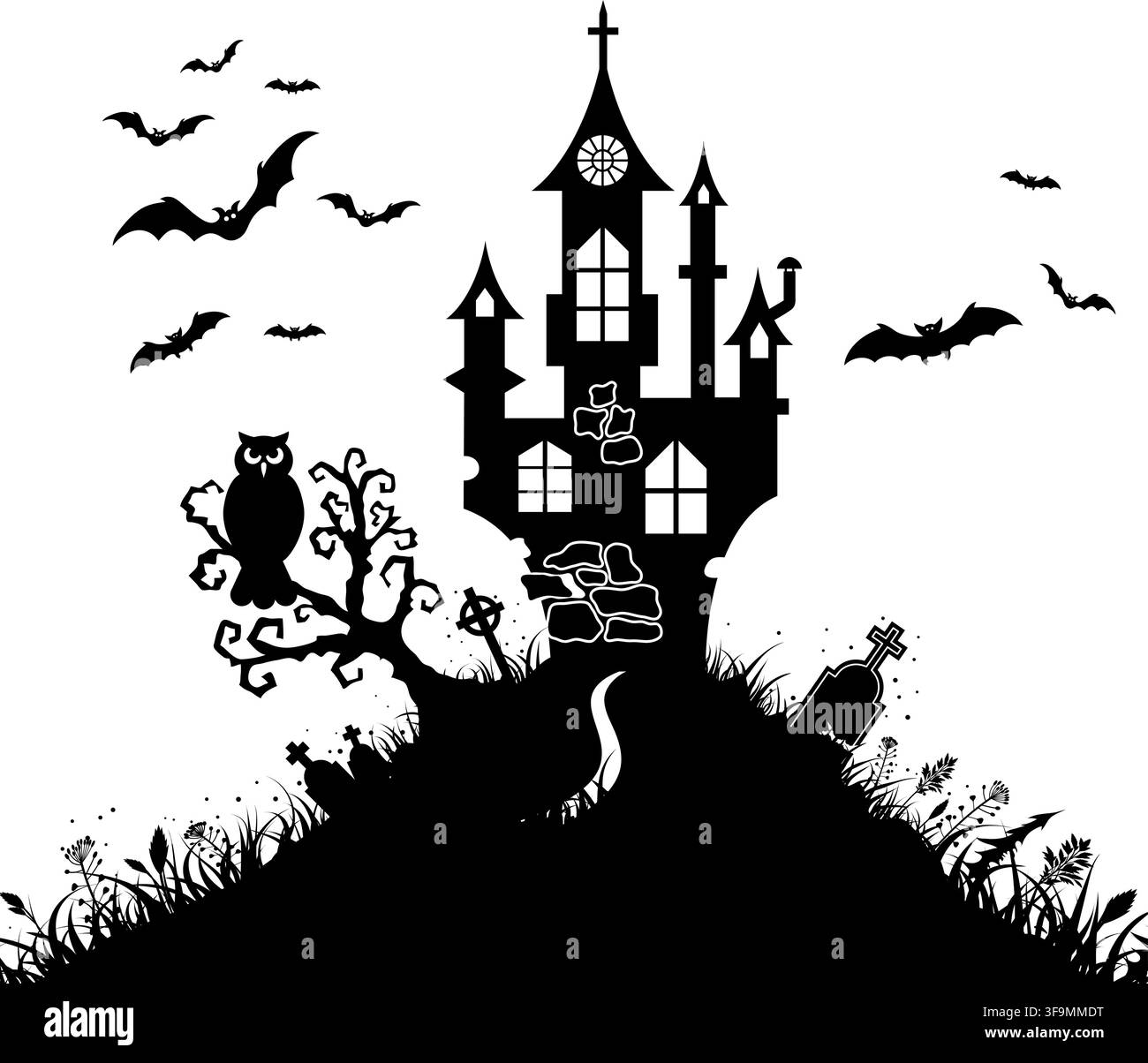 Halloween biglietto di auguri con il castello sulla Luna Piena Sfondo, illustrazione vettoriale Illustrazione Vettoriale