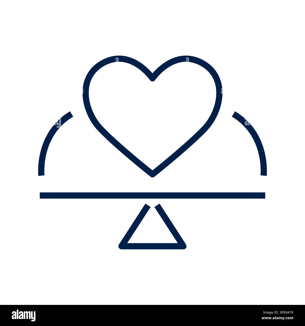 Illustrazione minimalista a linee con un cuore in equilibrio su una bilancia a bilanciere, che concettualizza la stabilità emotiva, il benessere mentale, l'uguaglianza, un Illustrazione Vettoriale