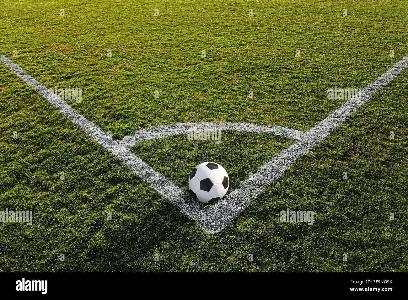 un pallone da calcio sull'erba verde sulla linea all'angolo dello stadio di calcio. calcio d'angolo. Foto Stock