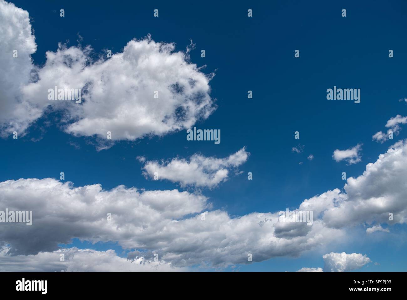 Nuvole bianche e soffici sparse in un cielo blu brillante. Un'immagine di sfondo perfetta che rappresenta aria pulita, libertà, tempo sereno e la bellezza della natura Foto Stock
