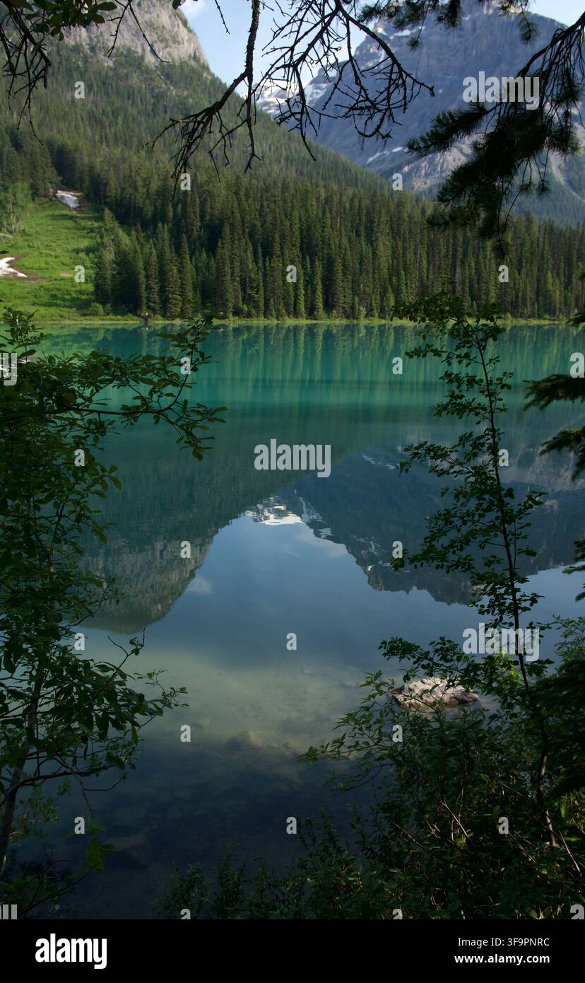Specchio delle Montagne Rocciose canadesi: Le acque turchesi incontaminate e i perfetti riflessi montani del Lago Smeraldo Foto Stock