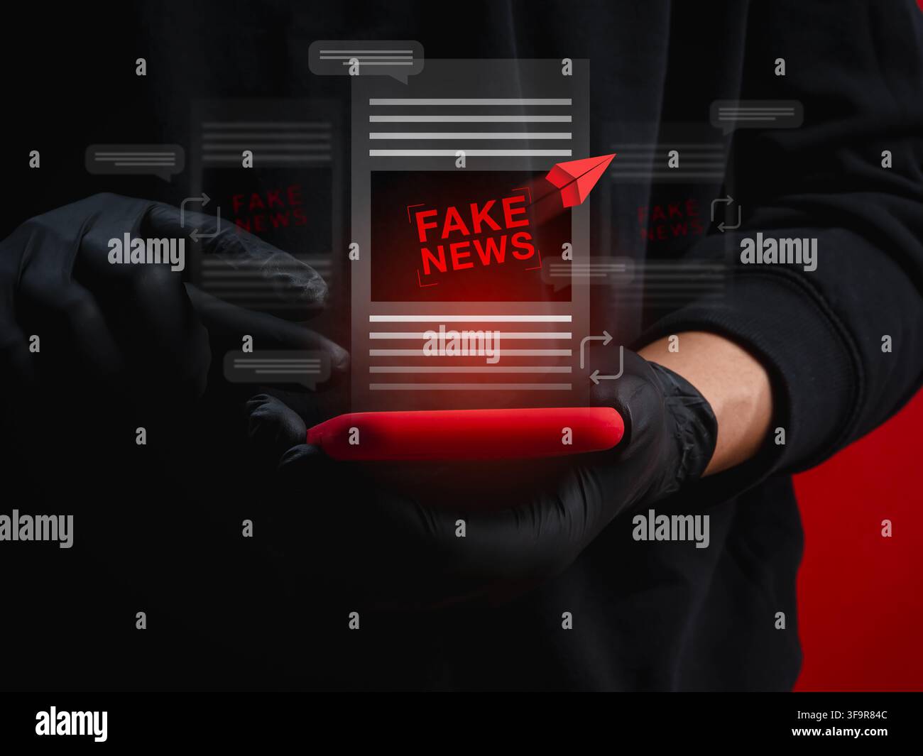 Concetto di fake news e disinformazione generata dall'IA che presenta contenuti falsi virali sui social media, disinformazione, verifica dei fatti, verifica delle notizie, propaganda digitale Foto Stock