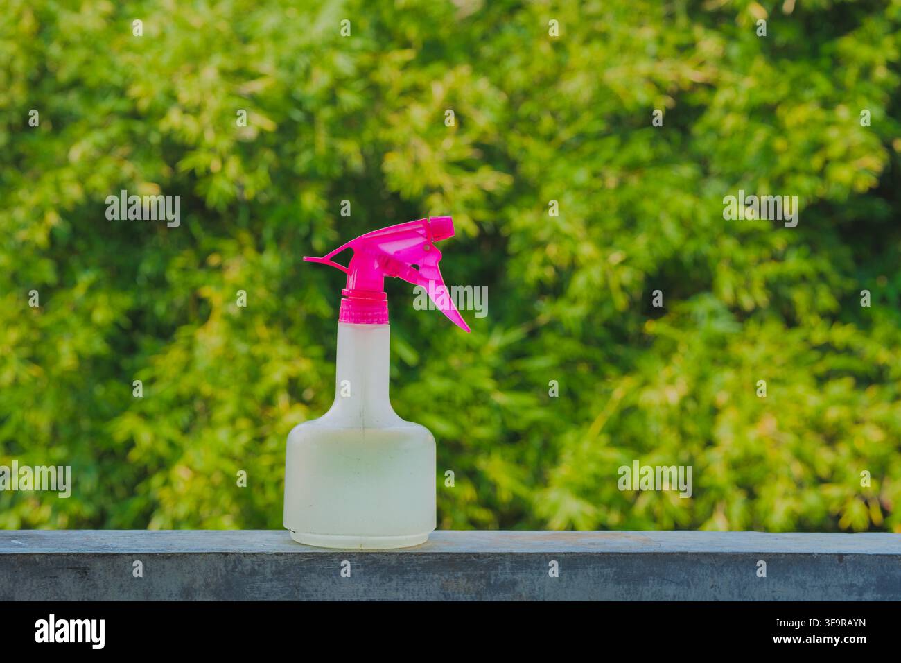Bottiglia spray bianca con un erogatore rosa acceso posizionata su un davanzale di cemento contro uno sfondo sfocato di fogliame verde. Foto Stock