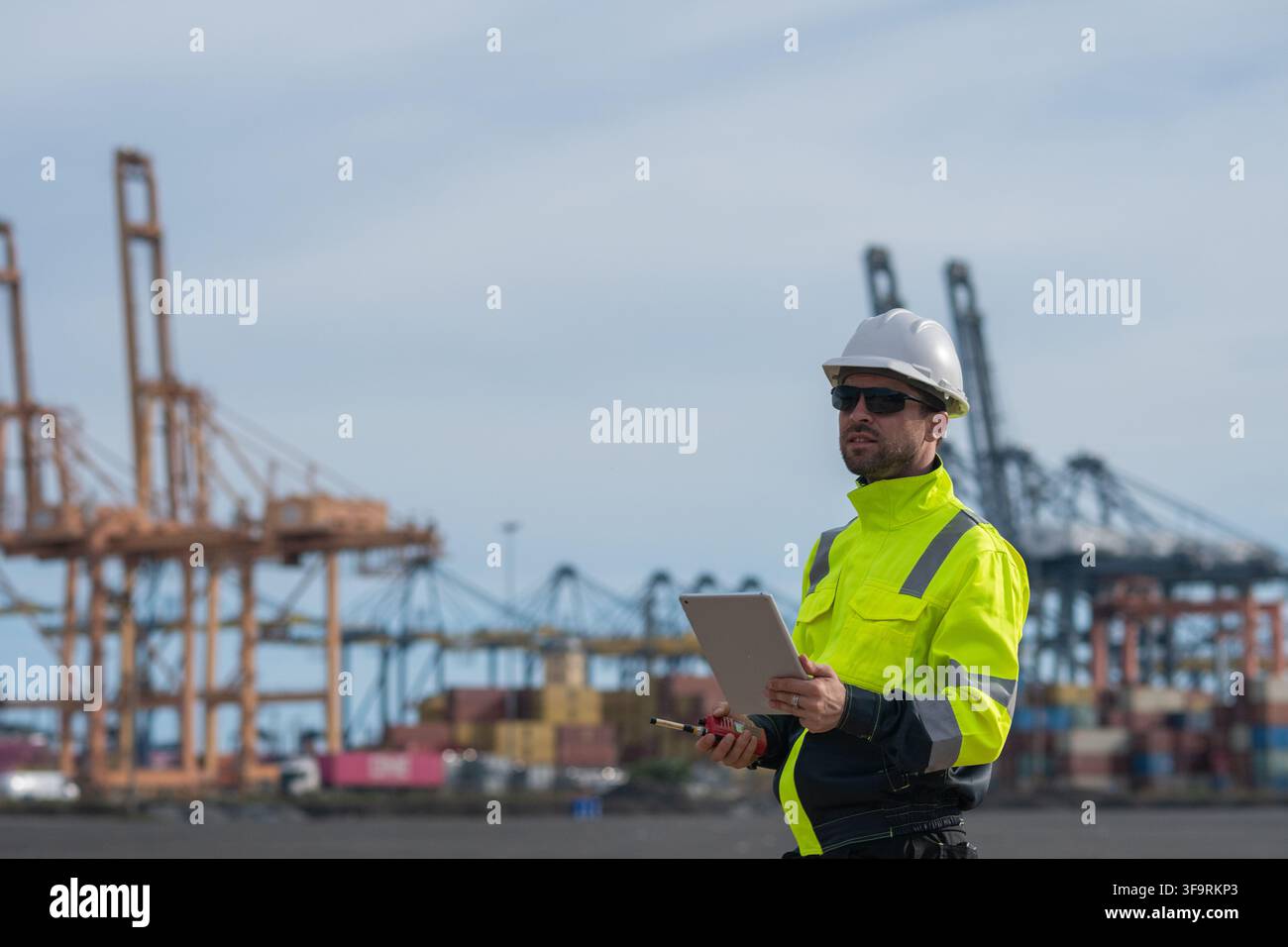 Operazioni di ingegneri industriali, gru portuali marine, caricamento e scarico di navi da carico a livello globale Foto Stock