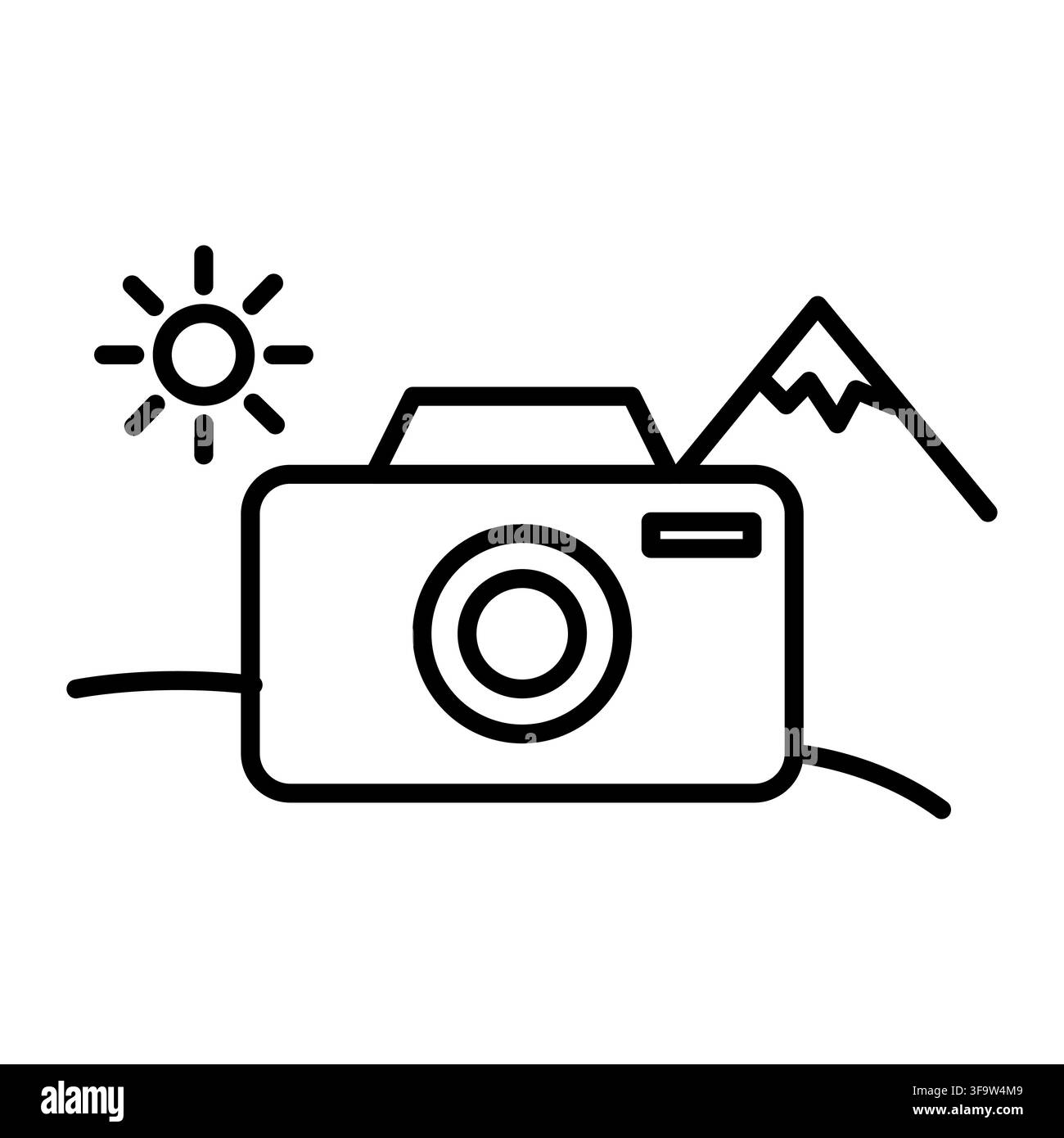 Fotocamera con sole e montagna icona vettoriale nera Illustrazione Vettoriale