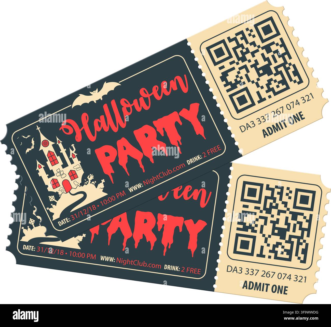 Due biglietti per feste di Halloween con castello, pipistrello, zombie e scritte di Halloween. Illustrazione vettoriale Illustrazione Vettoriale