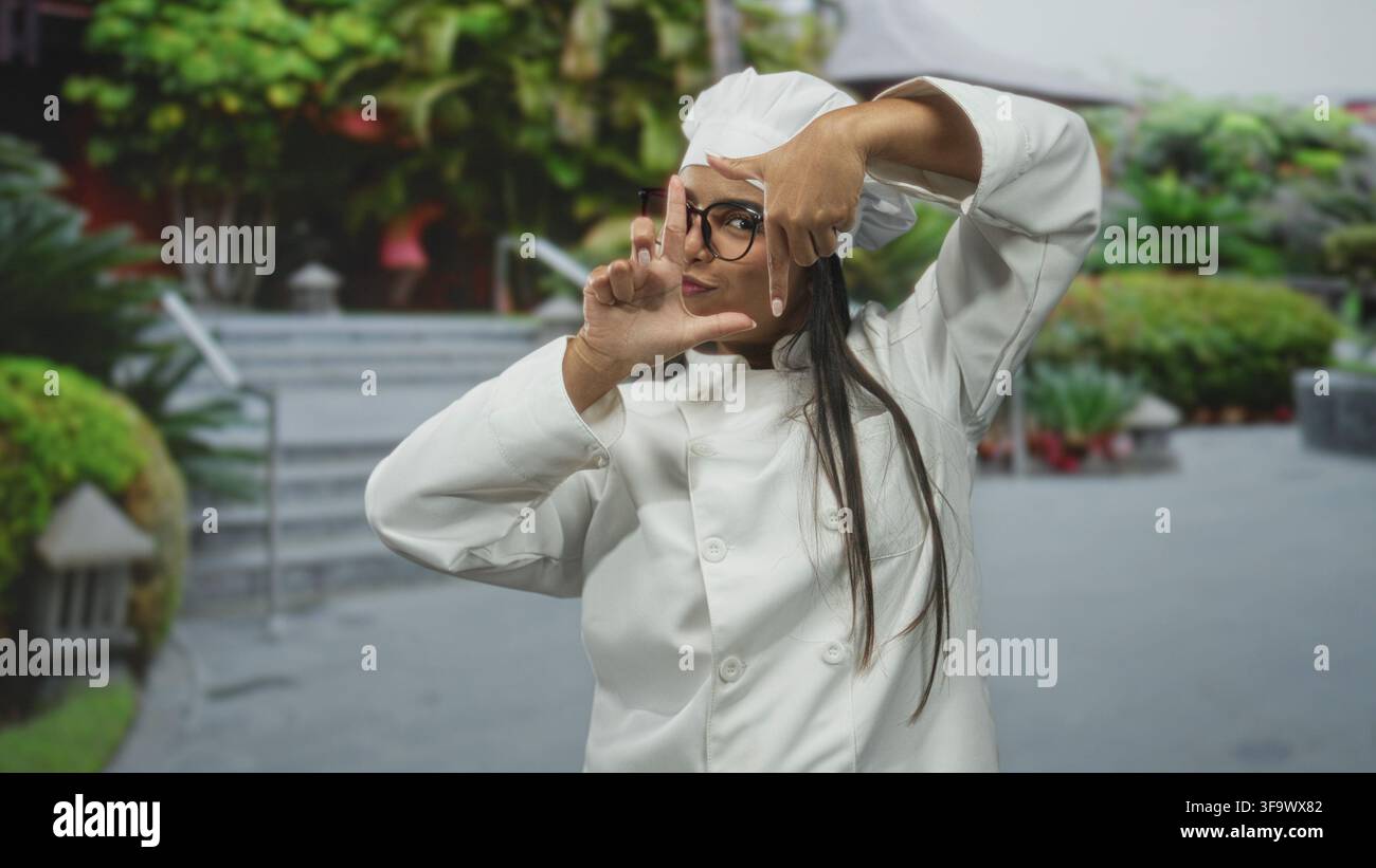 Giovane donna chef con uniforme e cappello bianchi, che incornicia la fotocamera con le mani e sorride in un'area delle scale del cortile; creatività giocosa. Foto Stock
