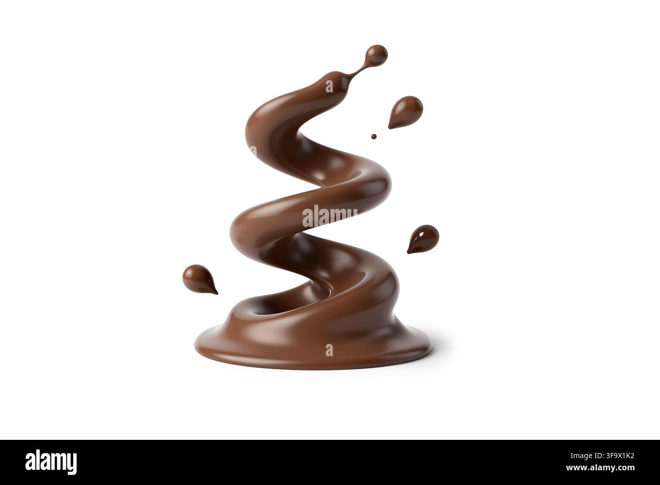 Rendering 3D di uno spruzzo di latte al cioccolato a forma di tornado con movimento vorticoso e diverse goccioline che volano intorno, isolato. Foto Stock