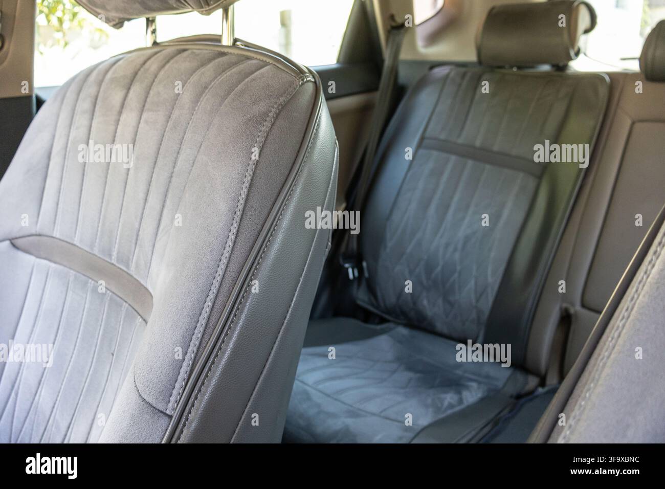 Vista interna che si concentra su sedili posteriori vuoti in tessuto grigio con cinture di sicurezza e poggiatesta all'interno di un'automobile moderna e pulita. Foto Stock