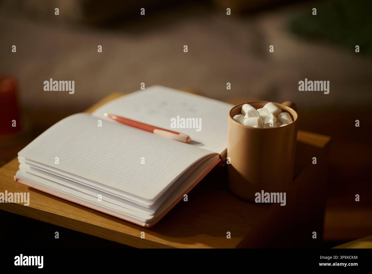 Quaderno aperto con penna appoggiata sulle pagine accanto a una tazza di cioccolata calda con marshmallow su un tavolo di legno. Immagine adatta per il benessere mentale, il journaling e il marketing di uno stile di vita accogliente, primo piano Foto Stock