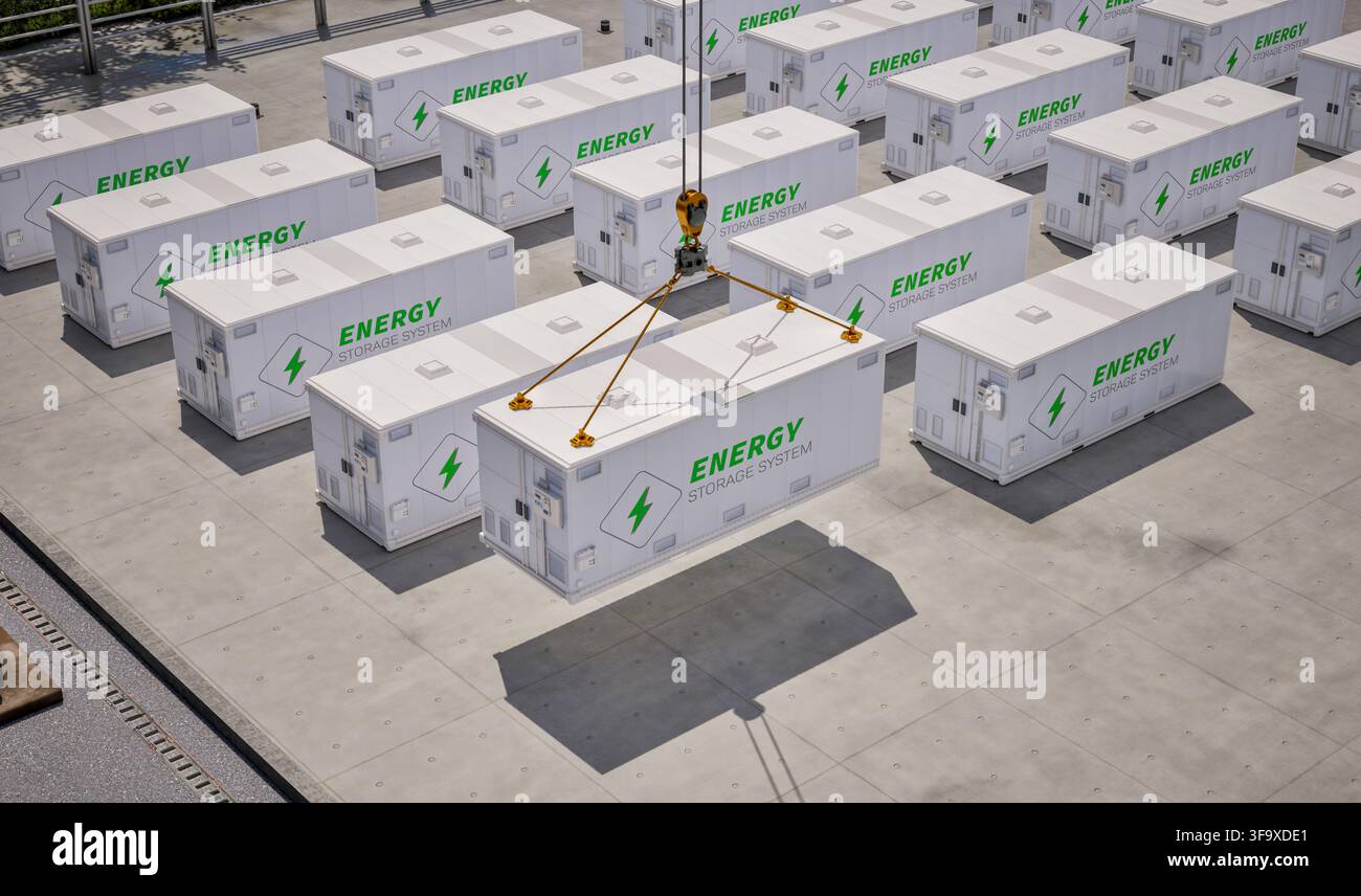 gruppo di rendering 3d di sistemi di immagazzinamento dell'energia o unità contenitore batteria isometriche Foto Stock