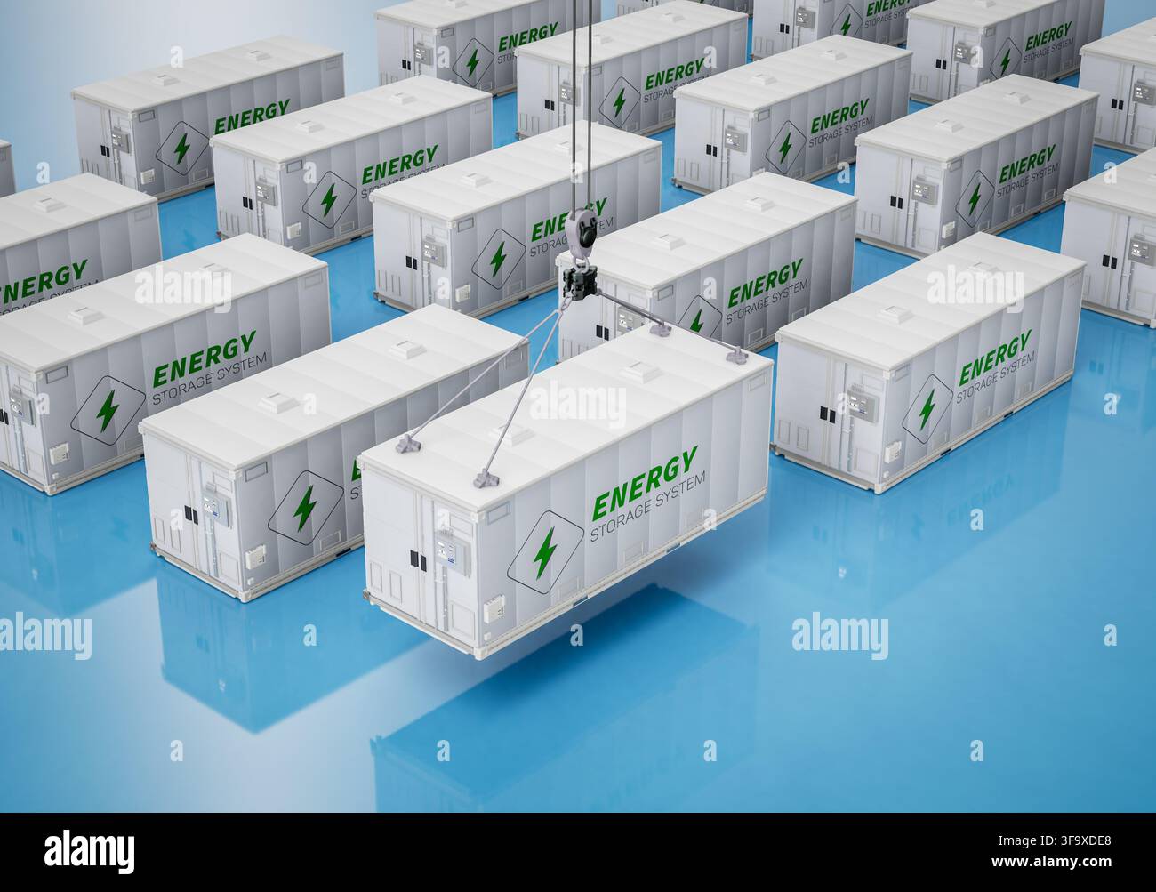 gruppo di rendering 3d di sistemi di immagazzinamento dell'energia o unità contenitore batteria isometriche Foto Stock