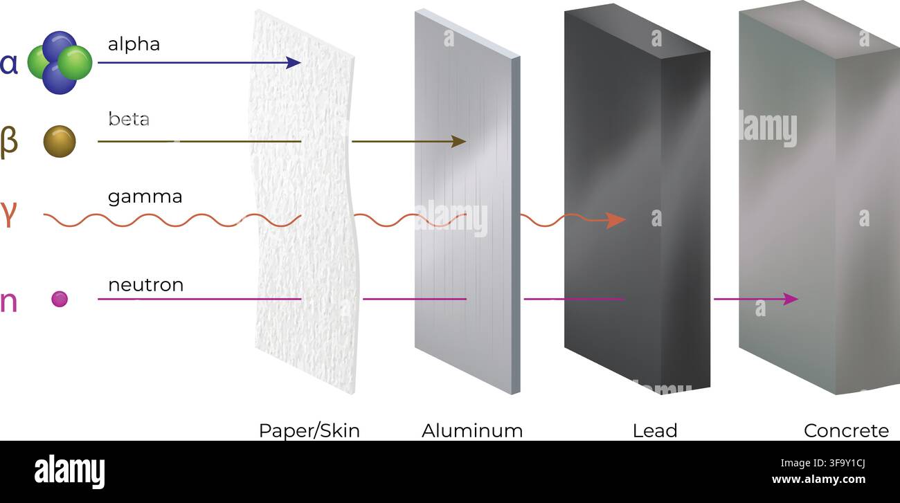Tipi di radiazione e penetrazione che mostrano radiazioni alfa, beta, gamma, raggi X e neutroni Illustrazione Vettoriale