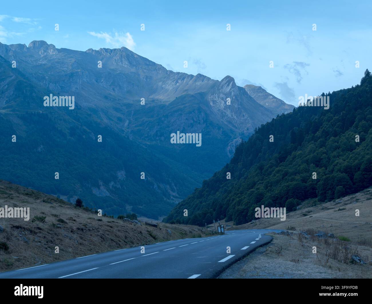 Strada di montagna deserta che si snoda attraverso una valle pittoresca dei Pirenei verso imponenti vette alpine, circondata da pendici boschive sotto un cielo azzurro terso. Foto Stock