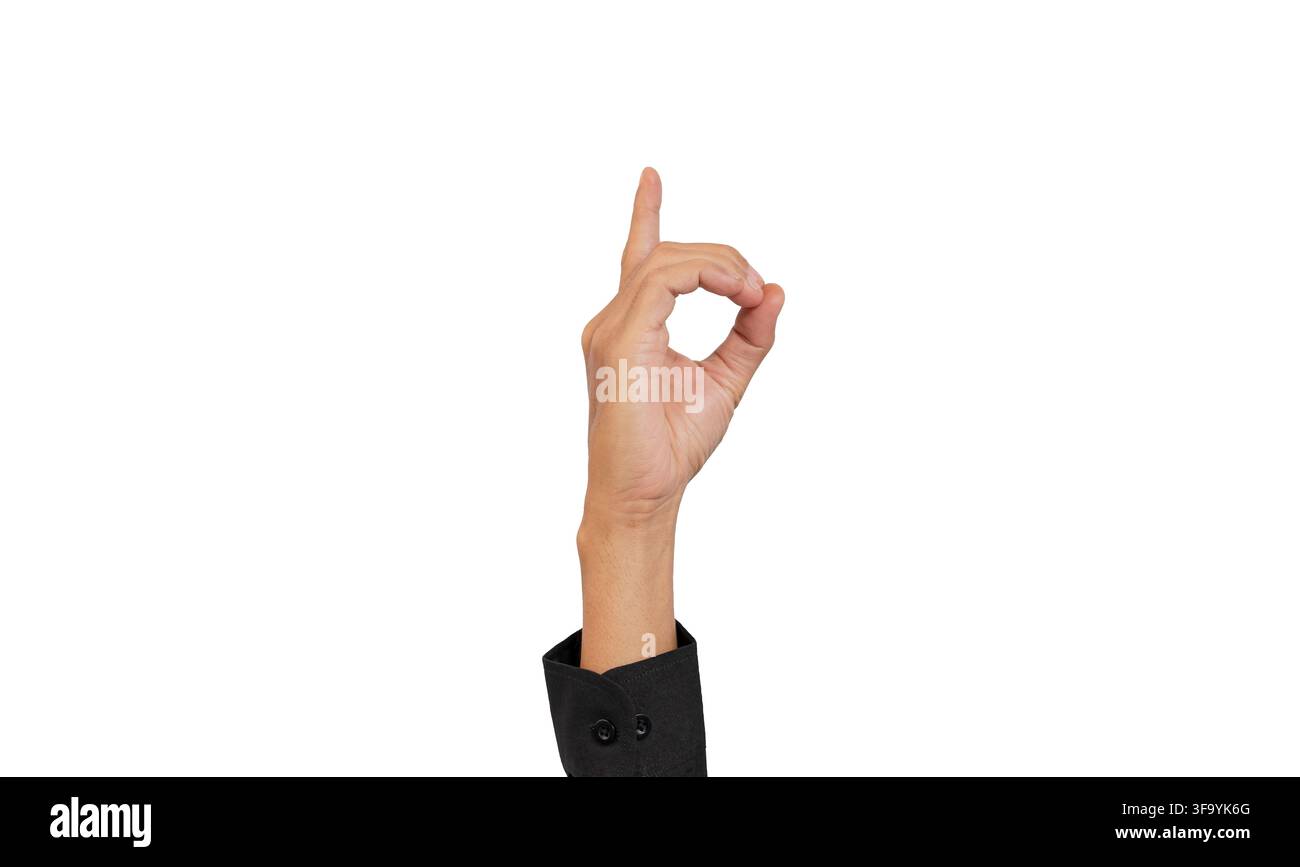Lettera D dell'alfabeto dei sordi a mano. Lettera D in lingua dei segni, isolata su sfondo bianco. Gesti delle mani. Deficit uditivo. Foto Stock