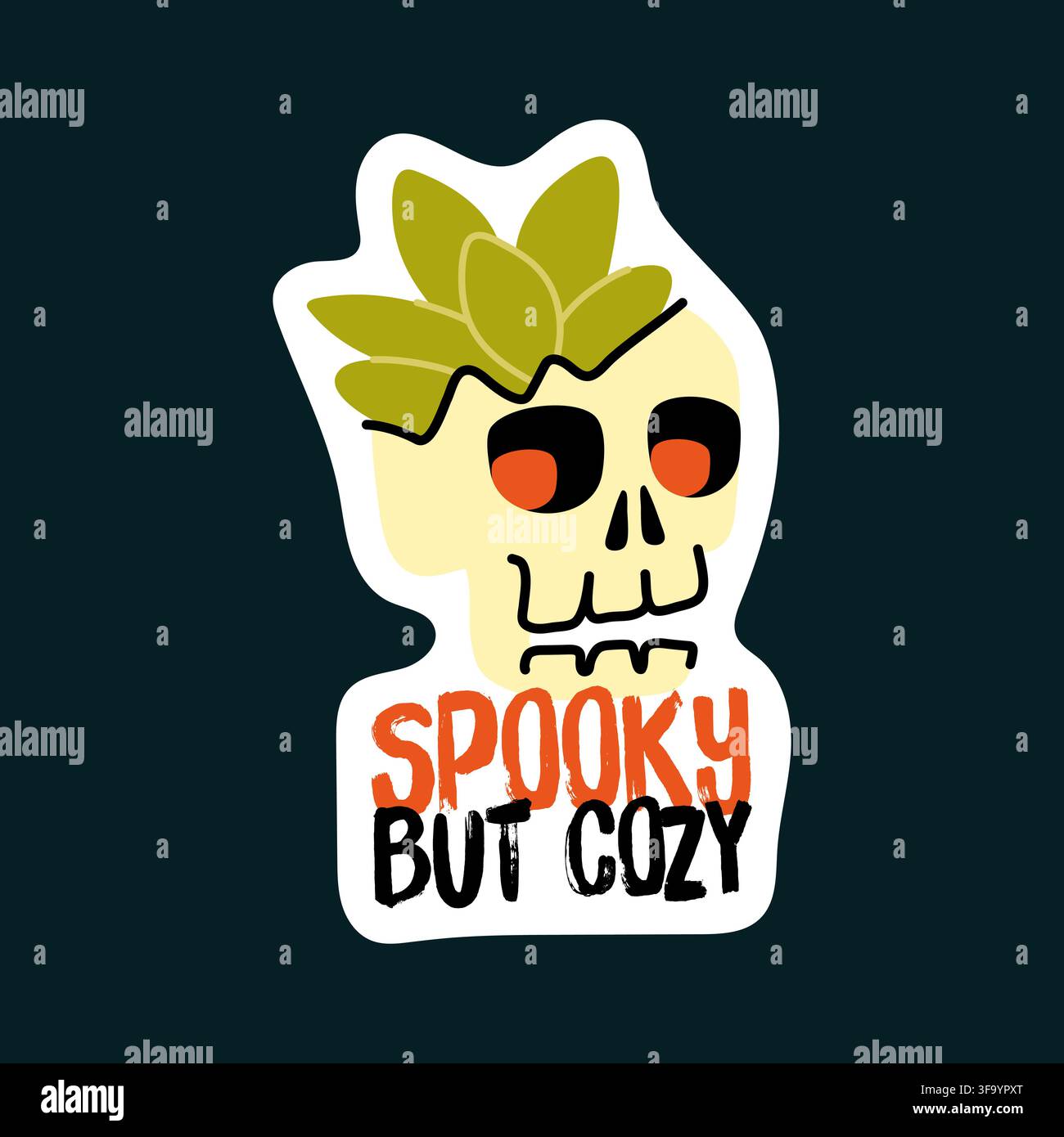 Teschio spaventoso con adesivo vettoriale di pianta succulenta per la decorazione di Halloween Illustrazione Vettoriale