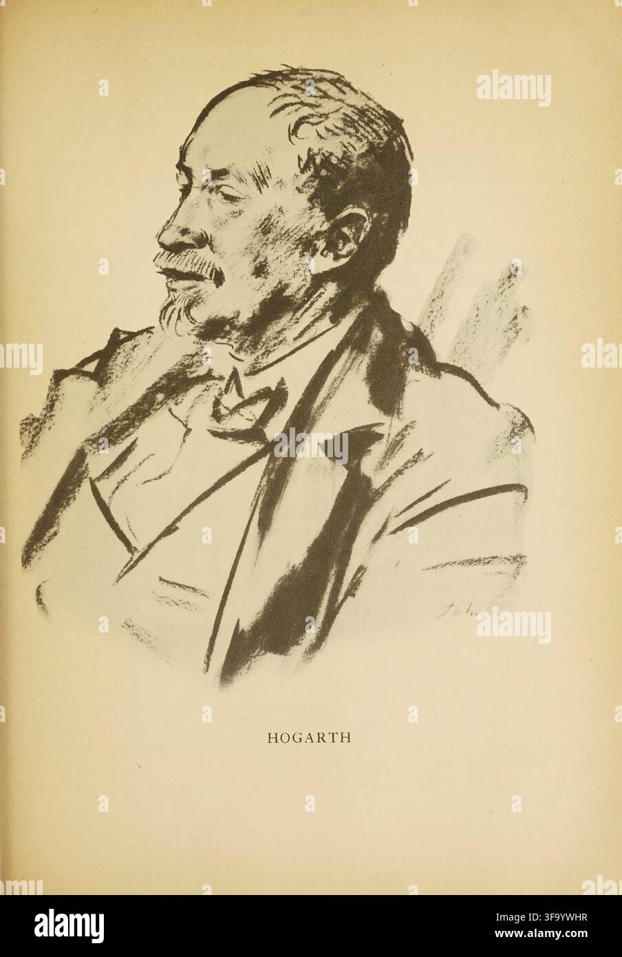 Ritratto a carboncino dell'archeologo David George Hogarth (1862–1927) di Augustus John. L'opera, intitolata Hogarth, è stata riprodotta come illustrazione a pagina 504 di "Sette pilastri di saggezza: Un trionfo" di T. E. Lawrence e faceva parte del programma di illustrazioni dell'edizione privata per abbonati del 1926. L'edizione stampata precisa di questa scansione non è stabilita. Foto Stock