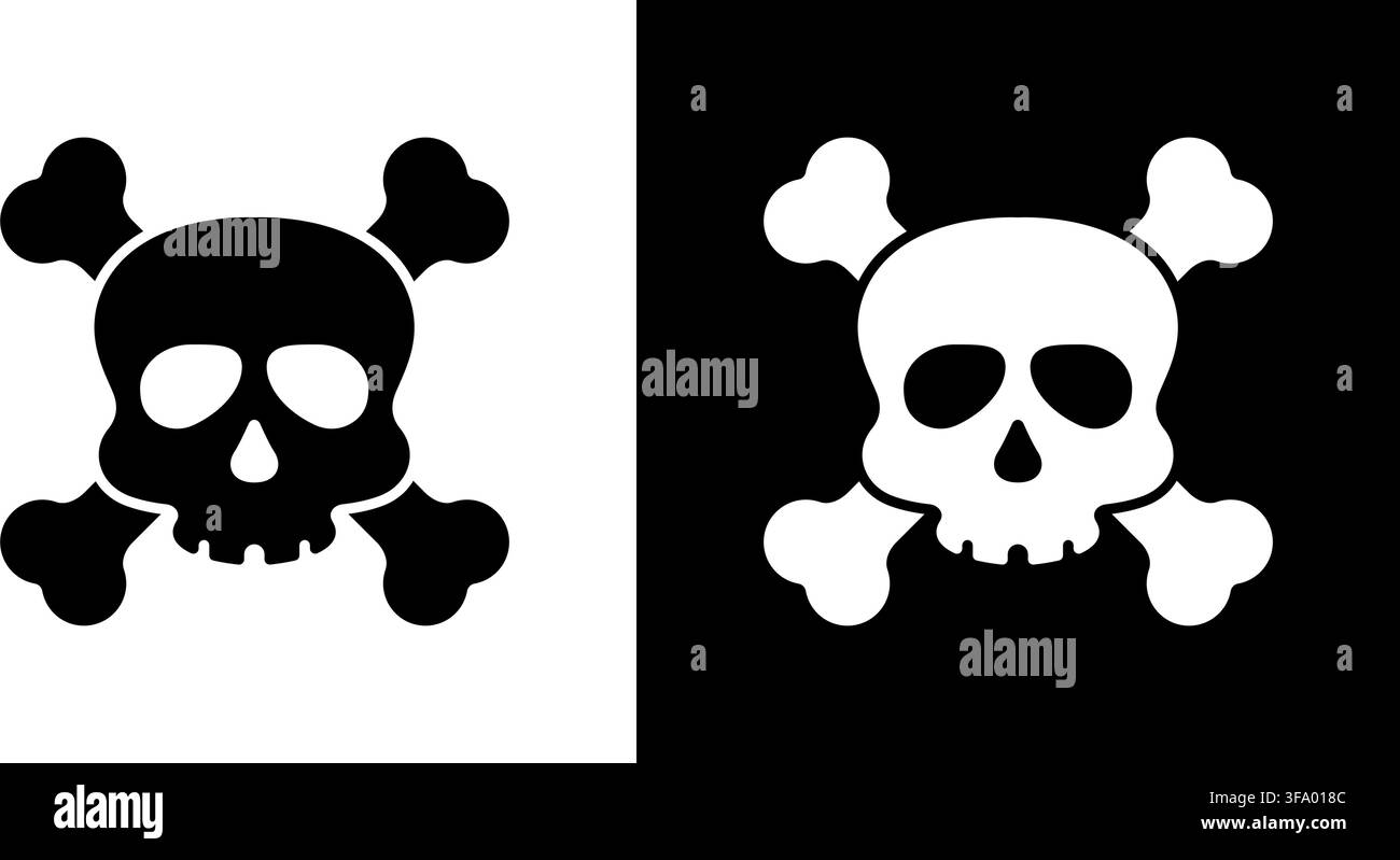 Set di icone solide con teschio e ossa incrociate. Collezione di simboli a silhouette di avvertimento per pericolo, tossicità e rischio. Segnaletica di sicurezza e avvertimento. Vettore isolato Illustrazione Vettoriale