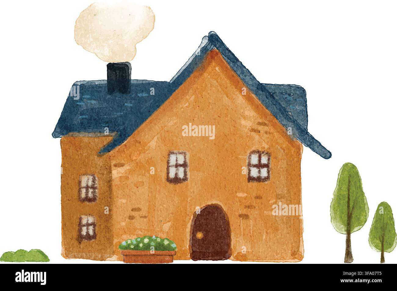 Casa acquerellata disegnata a mano, accogliente con un tetto blu Illustrazione Vettoriale