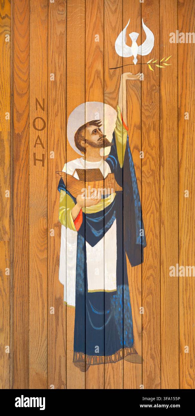 Dettaglio di un affresco dell'altare della chiesa del 1962 raffigurante Noè di Cy Running nella Chiesa Evangelica Luterana di Mt. Horeb, Wisconsin Foto Stock