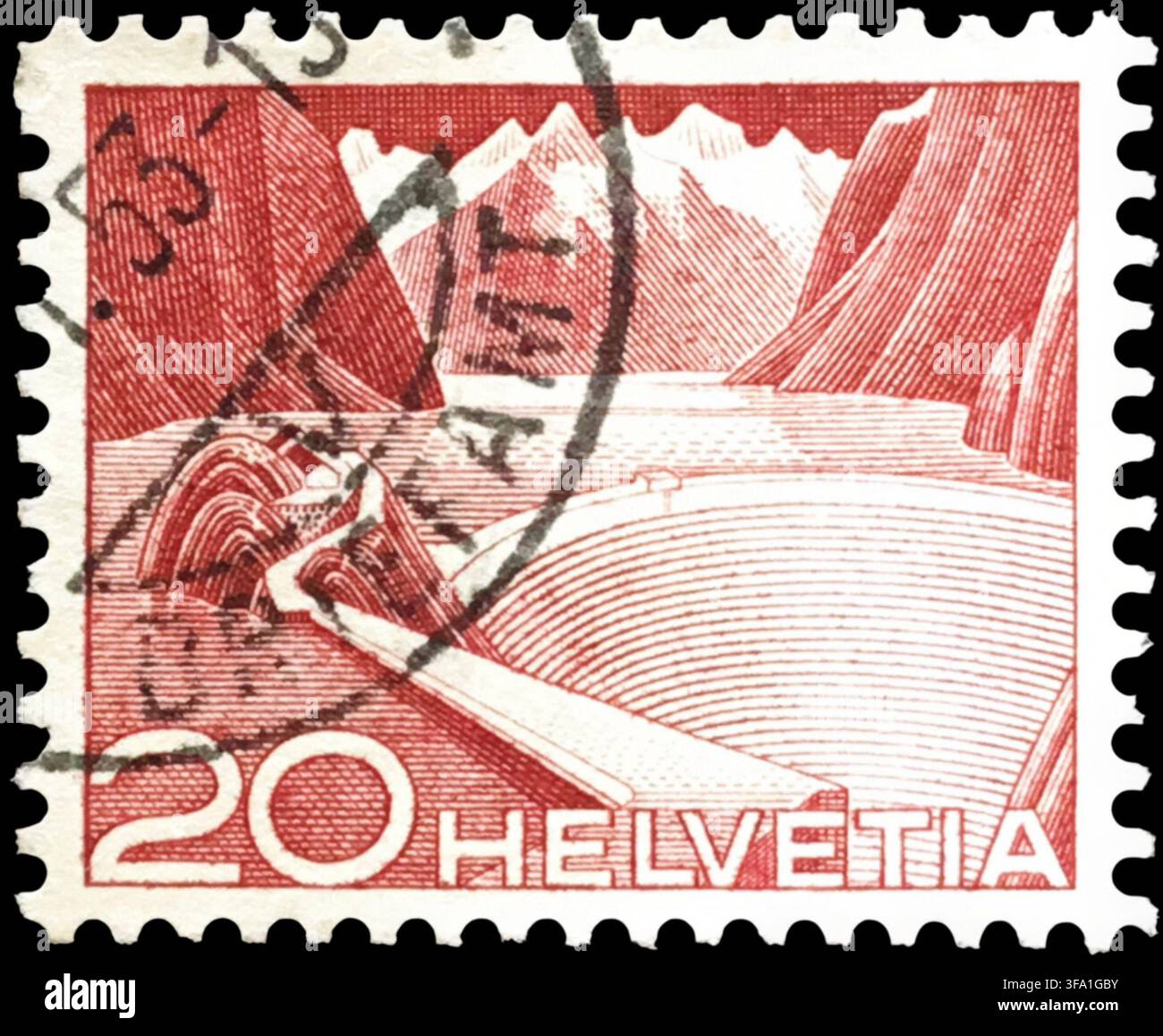 Francobollo svizzero vintage 20 Helvetia diga alpina rossa e bacino montano Foto Stock