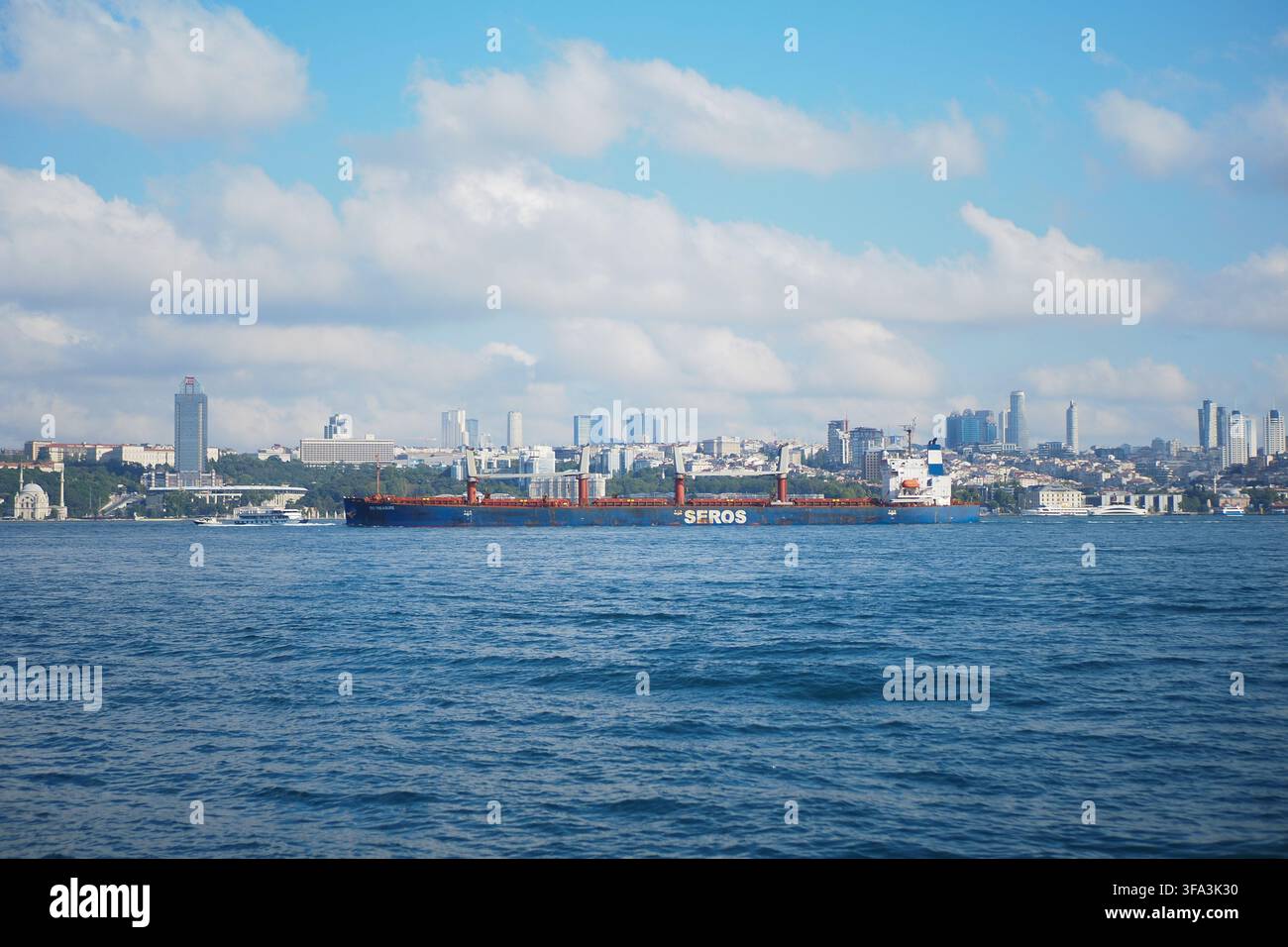 Turchia Istanbul 22 giugno 2026. Una nave portacontainer naviga nell'acqua con lo skyline della città sullo sfondo Foto Stock