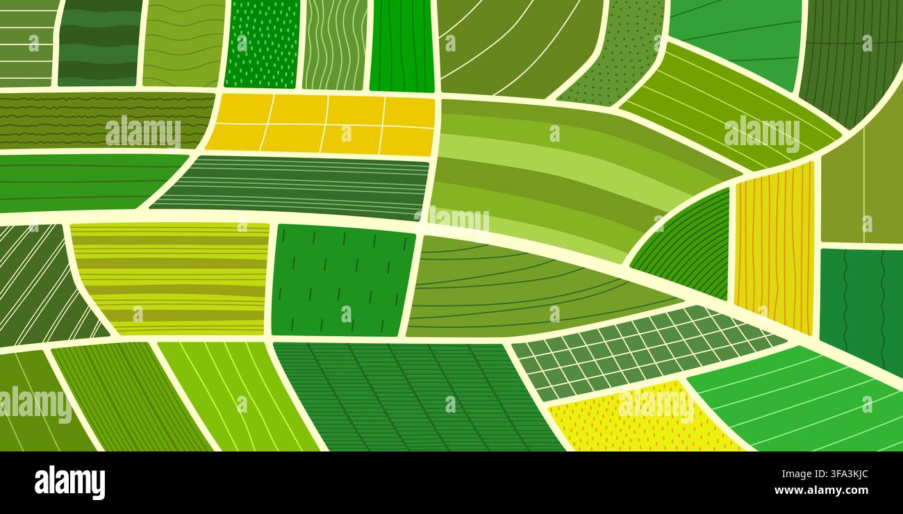 Vista dall'alto di un campo agricolo sullo sfondo, sfondo di piantagione arabile verde. Mappa aerea astratta di riso e tè, paesaggio agricolo a chiazze, trama del terreno di vigneto, terreno agricolo, terrazzamenti di risaie Illustrazione Vettoriale