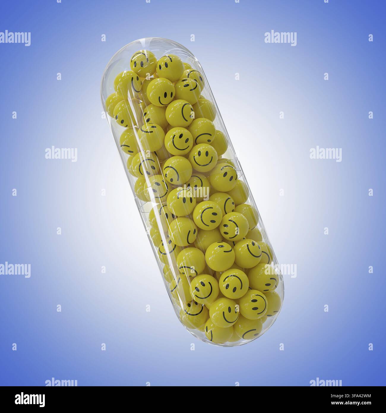3d rendering di palline gialle con sorriso in capsula - concetto di pillole felici - 3d-Illustrazione Foto Stock