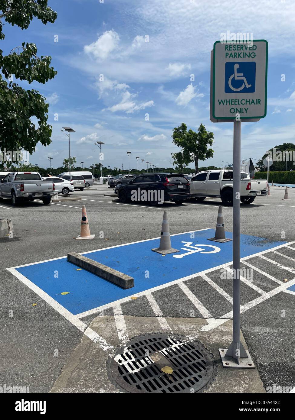 Un posto auto riservato agli utenti di sedia a rotelle, dipinto di blu con il simbolo internazionale di accessibilità, situato in un parcheggio all'aperto sotto un posto - Immagine stock catturata con smartphone
