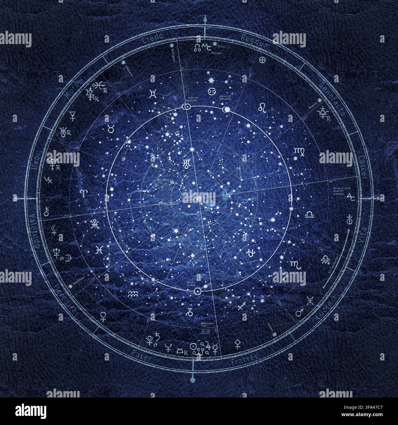 Mappa celeste astrologica dell'emisfero settentrionale. L'oroscopo universale globale generale del 1° gennaio 2020 (00:00 GMT). Mappa dettagliata del cielo notturno Foto Stock