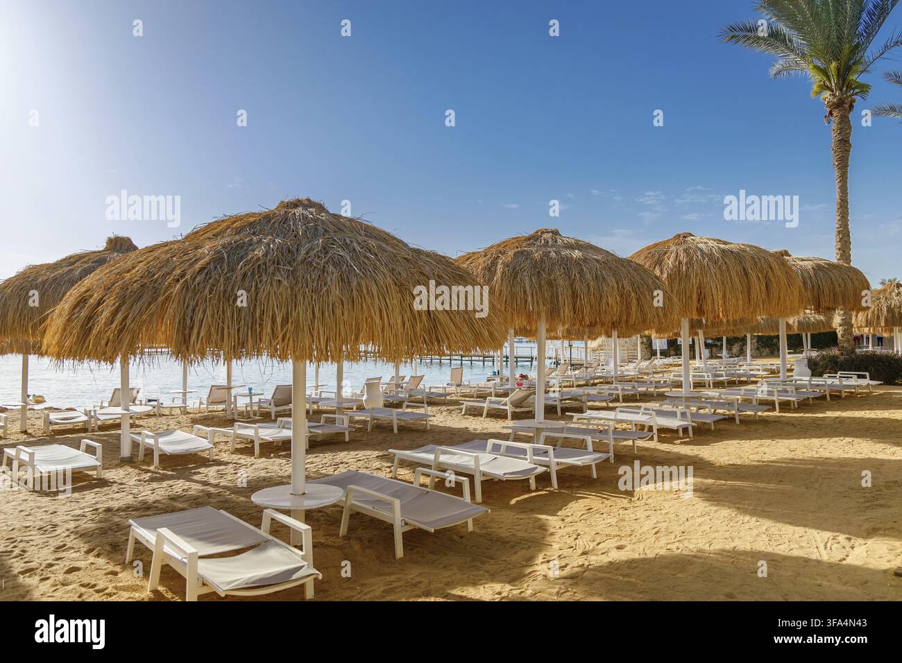 Una fila di ombrelloni esotici con tetti di paglia e sdraio sulla costa di un resort di lusso, un meraviglioso paesaggio per una vacanza estiva mi Foto Stock