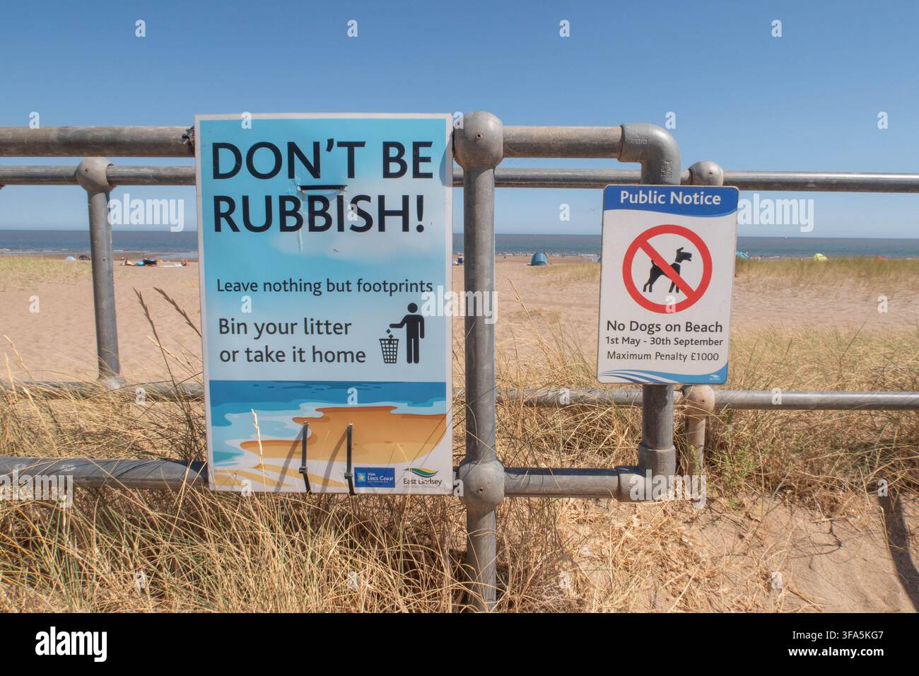 Segni che invitano le persone a non lasciare rifiuti sulla spiaggia e a non portare cani sulla spiaggia in estate, Sutton-on-Sea, Lincolnshire Foto Stock