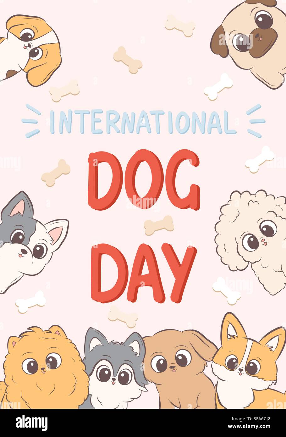 Biglietto di auguri per la Giornata internazionale del cane con cuccioli carini Illustrazione Vettoriale