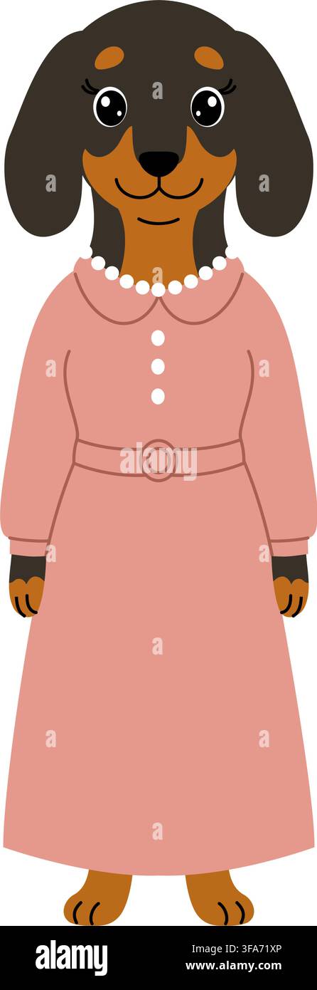 Personaggio femminile carino in vestito. Signorina-cucciolo in stile cartone animato con abito vintage rosa isolato su sfondo bianco. Illustrazione Vettoriale
