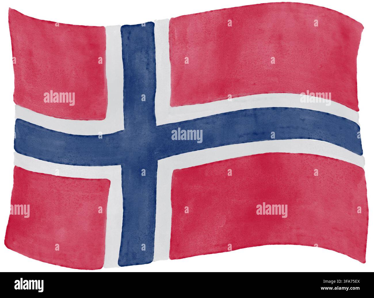 Bandiera sventolante della Norvegia illustrata a mano in acquerello isolata su sfondo bianco. Simbolo nazionale con croce scandinava per la patriottismo norvegese Foto Stock