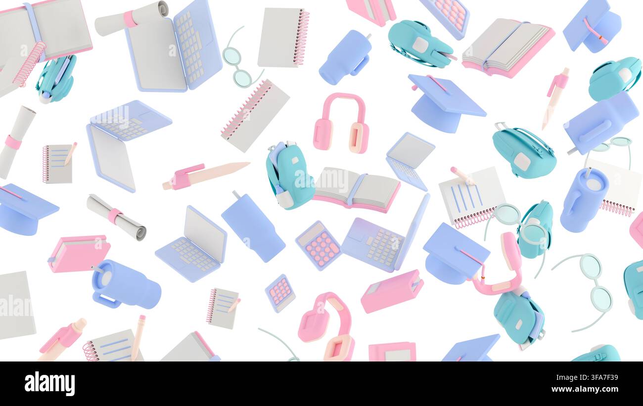 Diversi oggetti legati all'apprendimento e alla scuola, come uno zaino, una penna, un laptop e così via, sono disposti casualmente su uno sfondo bianco, rendering 3d Foto Stock