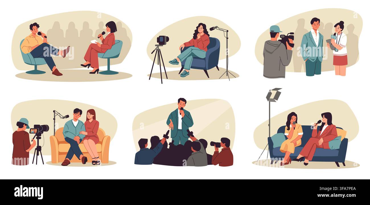 Intervista televisiva. Persone che parlano sul divano, coppia di donne o famiglia sulla sedia da studio. Ospite televisivo o scena di programma video. Giornalismo televisivo, media editoriali. Illustrazione isolata in stile cartoon piatto vettoriale Illustrazione Vettoriale