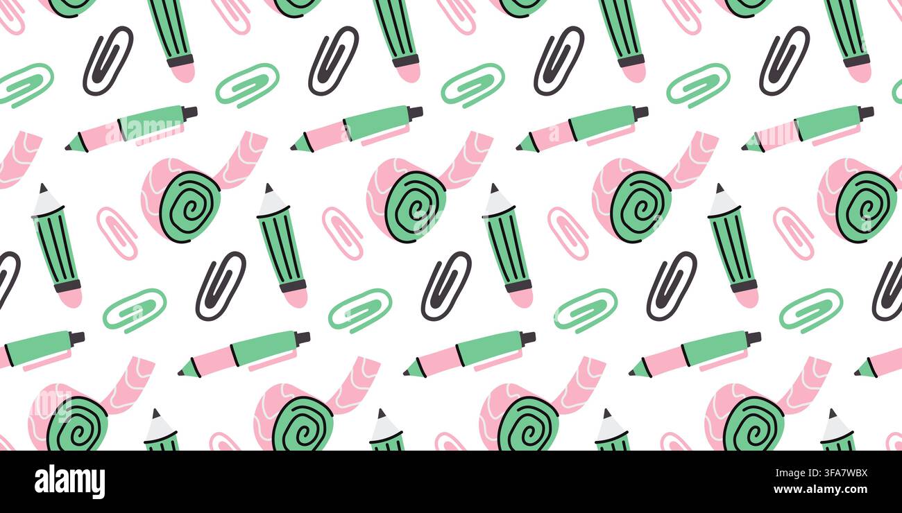 Cancelleria scolastica e matite motivo doodle senza cuciture per stampa su zaino Illustrazione Vettoriale