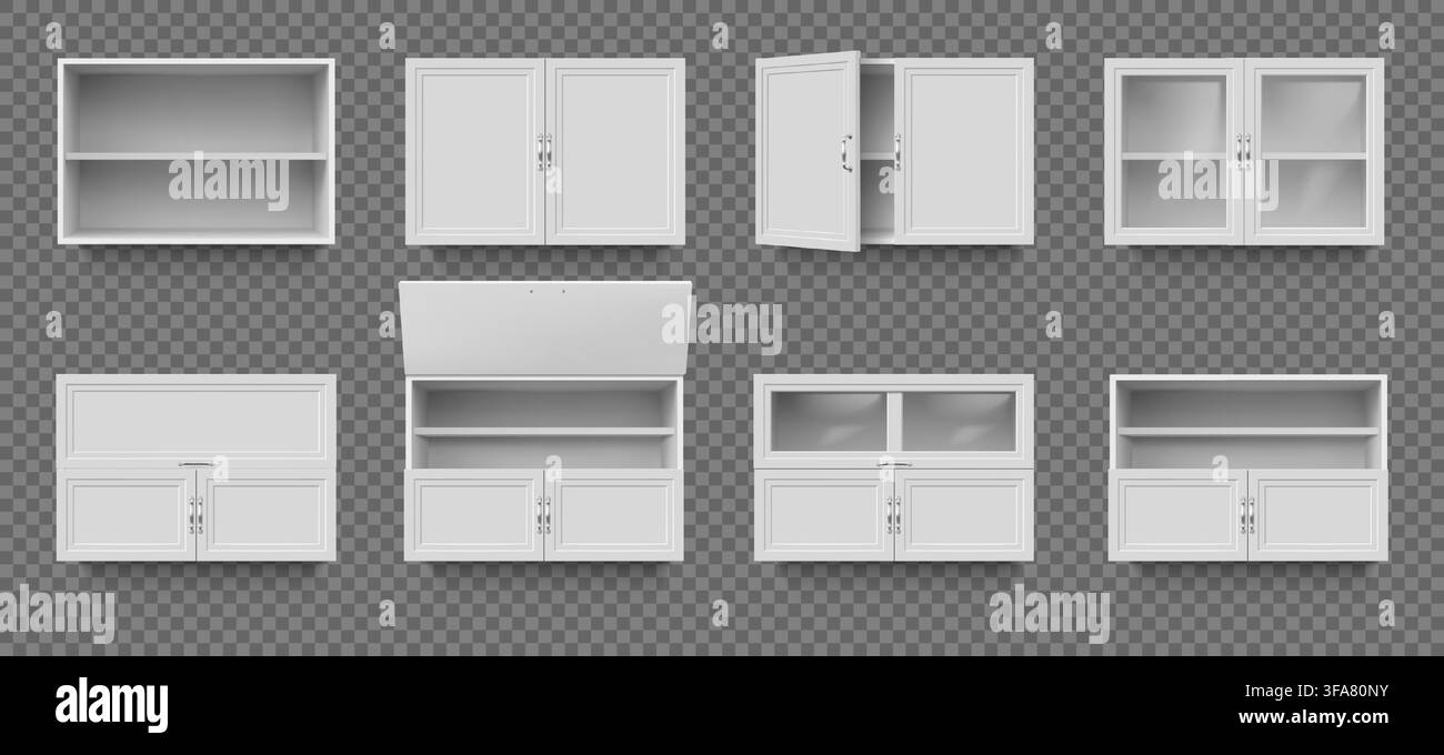 Conservazione in cucina. Porta dell'armadio bianca, credenza o scatola 3D. Scaffale aperto in vetro o legno, modello di armadio in legno, mobili modulari per la casa, organizzazione interna. Set di elementi isolati realistici vettoriali Illustrazione Vettoriale