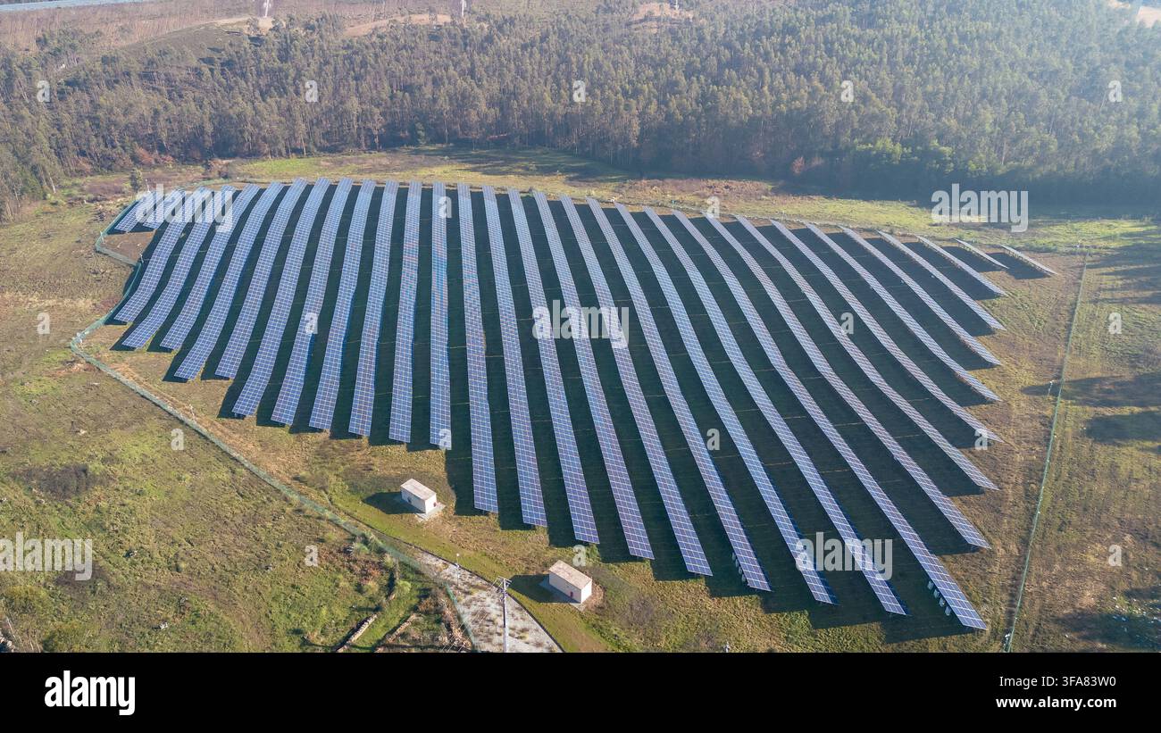 Panelli solari in un campo rurale che generano energia rinnovabile per uno sviluppo sostenibile Foto Stock