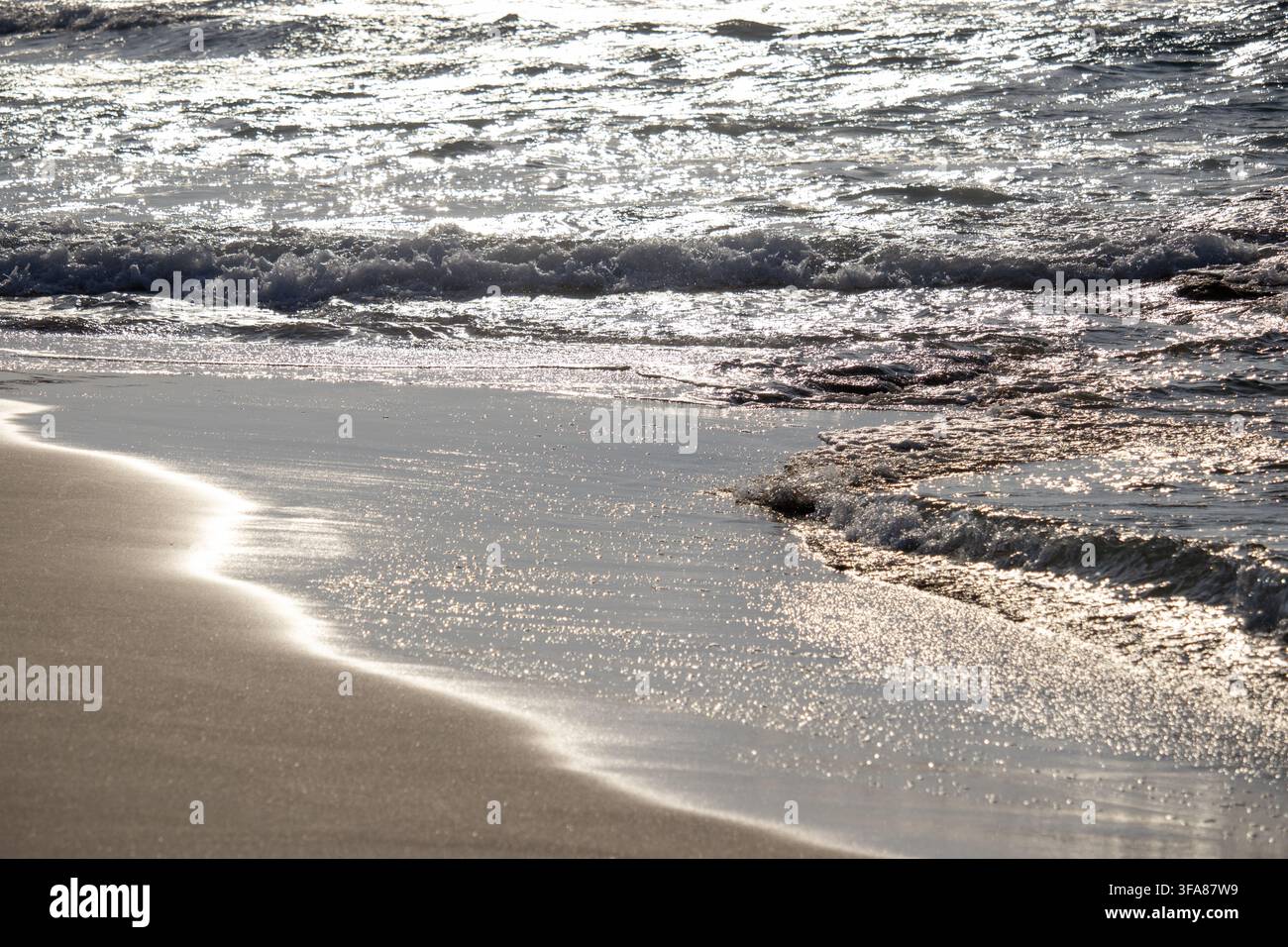 Spiaggia di Ayfilon. Dipkarpaz. Cipro del Nord. La luce dorata del sole si riflette sulle dolci onde del mare che si infrangono su una costa sabbiosa durante il tramonto Foto Stock