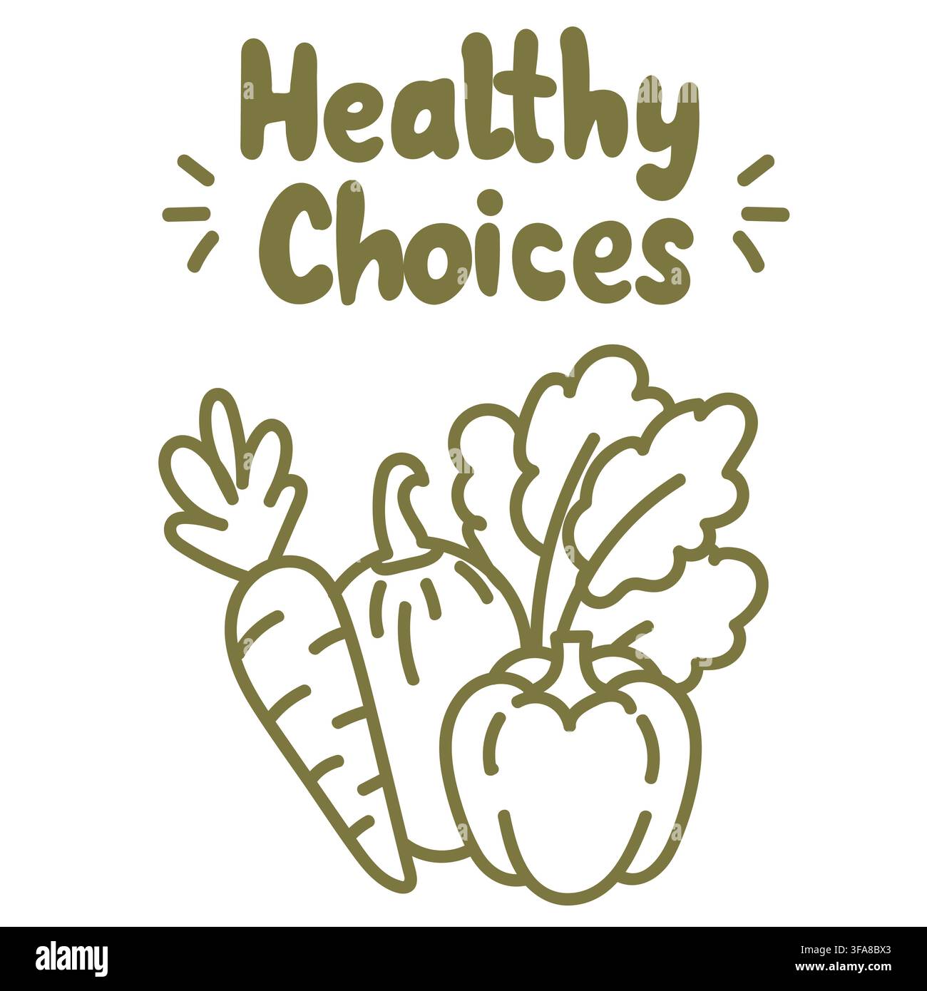 Collezione disegnata a mano di verdure fresche con la scritta "Healthy Choices", che rappresenta alimenti nutrienti, alimentazione sana e ingredienti naturali. Illustrazione Vettoriale